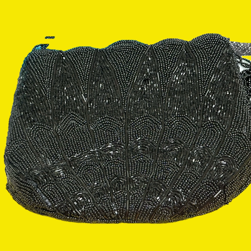Perfect for prom! Beaded black purse from Hong Kong, zip top with strap